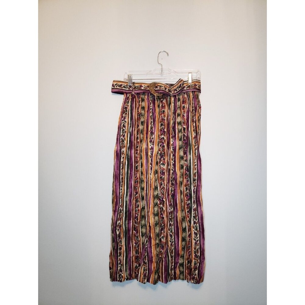 Vtg Intriguing Threads Womens L Midi Skirt Stripe Orange Purple Belted Boho